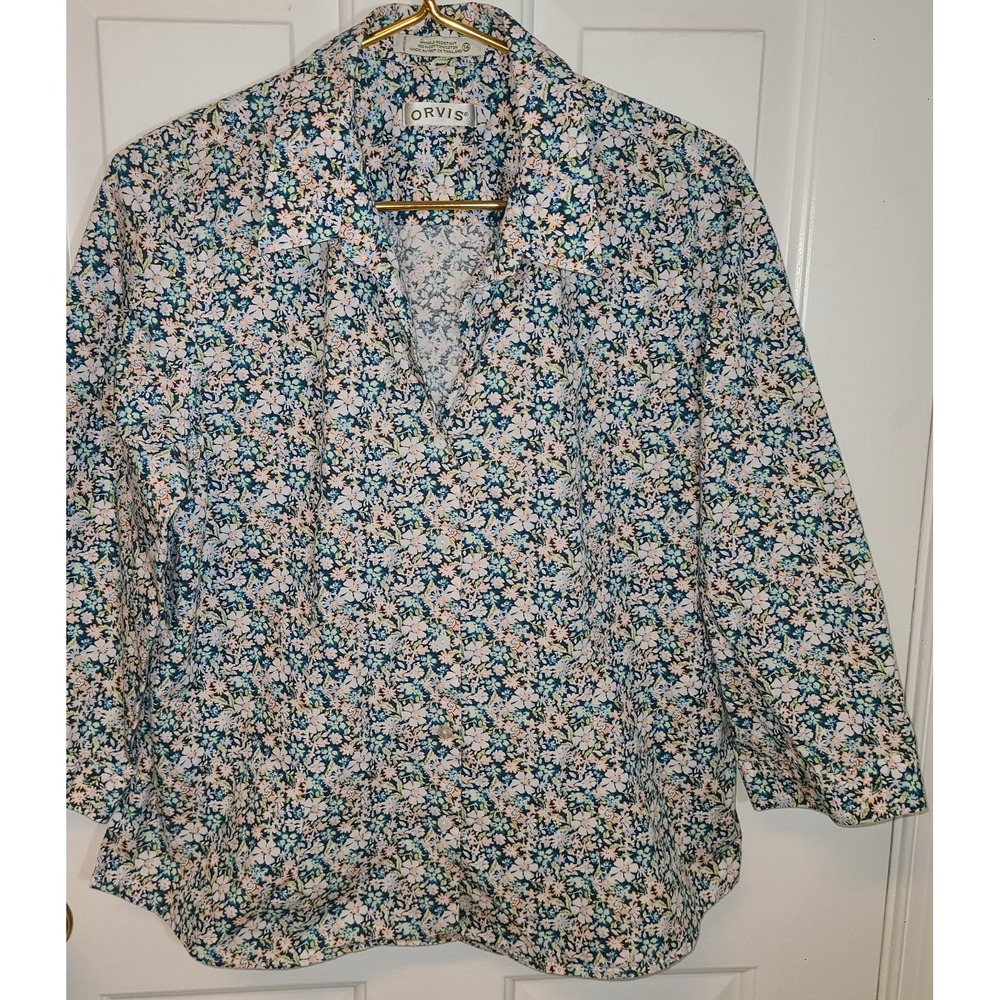 Orvis Blue Ditsy Floral Button Up Shirt Blouse Sz 14 Lightweight Cotton Shirt